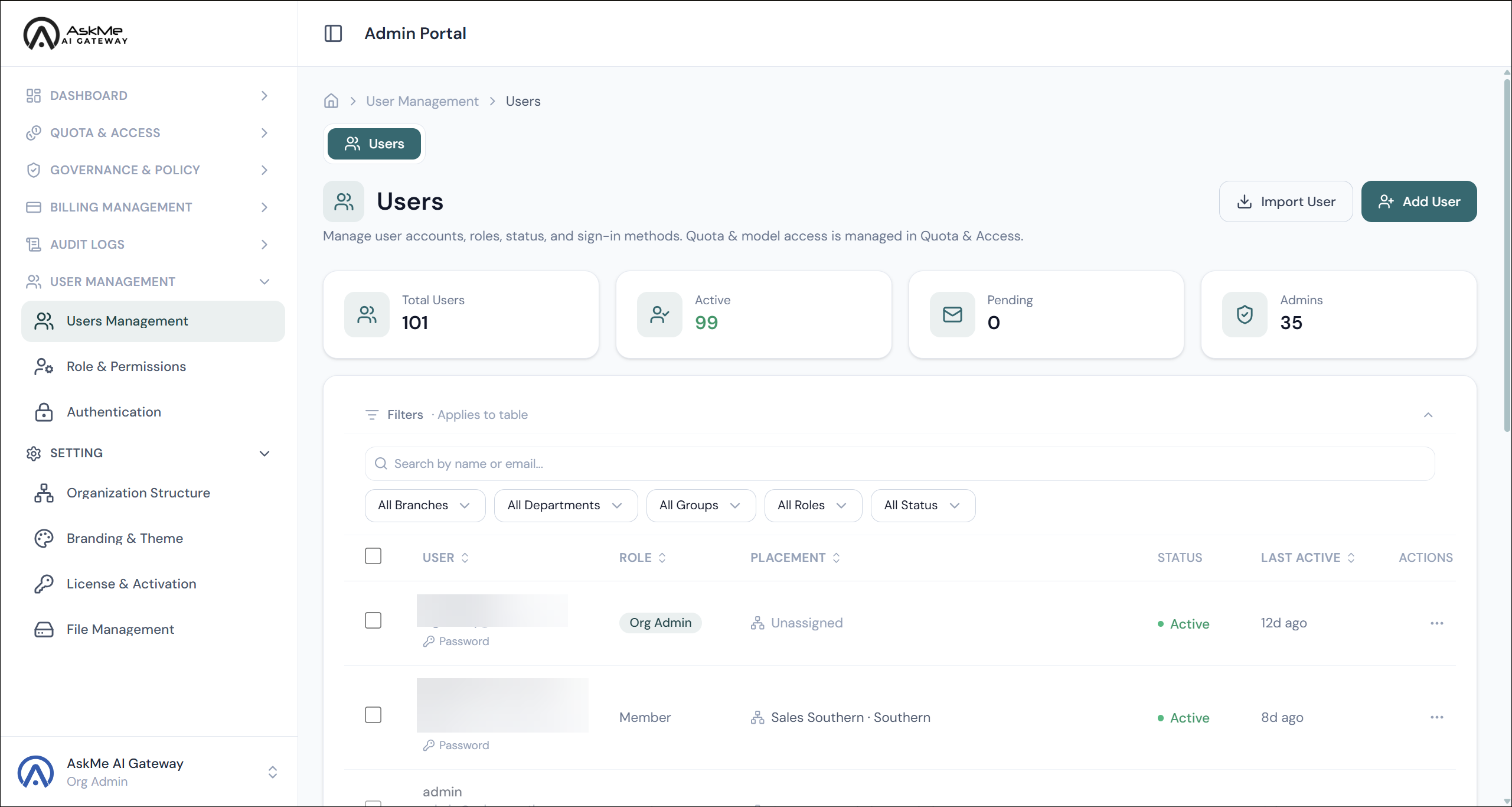 AskMe AI Gateway - User Management